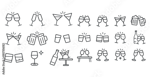 Variety of drink icons: glasses, bottles, beer mugs, and cheers illustrations