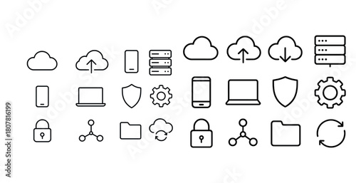 Cloud computing and cybersecurity icon set: laptop, smartphone, and data protection symbols
