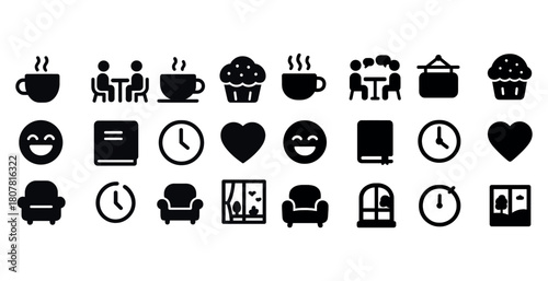 Coffee, food, and home icons: cup, meeting, muffin, couch, book, clock, window, heart