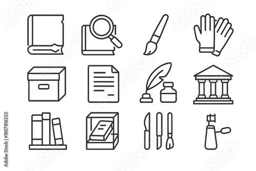 Museum Book Restoration Icons. Historical book restoration at museums. Line icon set of Historical book restoration at museums: old book, magnifying glass,