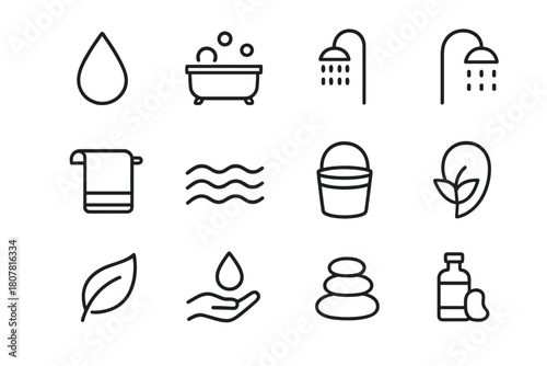 Hydrotherapy Icon Collection. Hydrotherapy. Line icon set of Hydrotherapy: water drop, bathtub, bubbles, shower, towel, wave, bucket, leaf, droplet, hand, spa