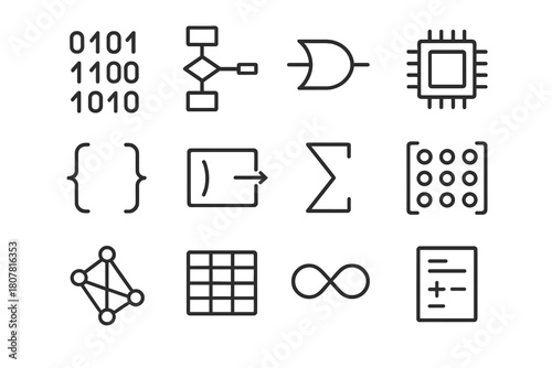 Computer Science Icons. Computer science formulas. Line icon set of computer science formulas: binary code, algorithm flowchart, logic gate, CPU chip, bracket