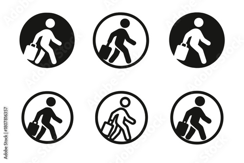 Migrant Rights Icons. Migrant rights. Icon set. Set Logo of Migrant Rights: abstract figure carrying a suitcase within a circle. harmonious logo variations of