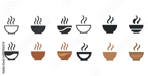Collection of steaming bowl icons in various styles and colors