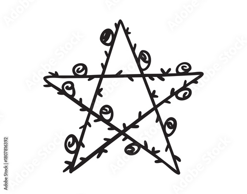 Mystical star with roses and thorns, monochrome line art hand drawn style