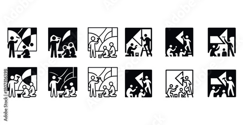 Collaborative art creation process icons in black and white