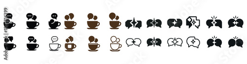 Coffee cup chat icons series with speech bubbles in various styles and shades
