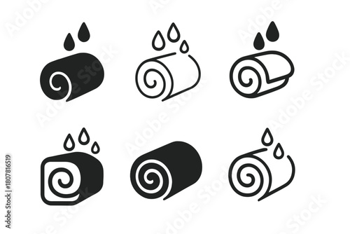 Wet Towel Logos. Wet towel. Icon set. Set Logo of Wet Towel: rolled towel with droplets accent. harmonious logo variations of the same emblematic concept, each