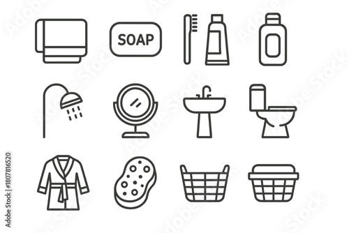 Bathroom Essentials Icons. Bathroom essentials. Line icon set of bathroom essentials: towel, soap bar, toothbrush, toothpaste, shampoo bottle, shower head,