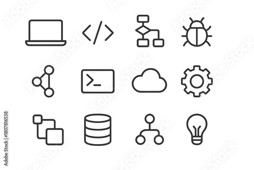 Programming Workflow Icons. Programming workflow. Line icon set of programming workflow: laptop, code brackets, flowchart, bug, commit, terminal, cloud, gear,