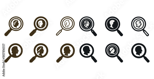 Silhouette profiles in magnifying glass icons