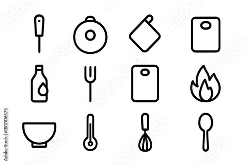 Kitchen Pan Icons. Pan accessories. Line icon set of pan accessories: handle, lid, pot holder, spatula, oil bottle, fork, cutting board, flame, bowl,