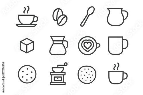 Coffee Icon Essentials. Coffee essentials. Line icon set of Coffee essentials: coffee cup, saucer, coffee beans, steam, teaspoon, milk jug, sugar cube, coffee