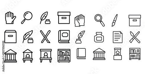 Library and writing icons set: books, quill, magnifying glass, archive box, library buildings