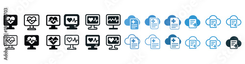 Heartbeat monitors and medical icons set in black and blue