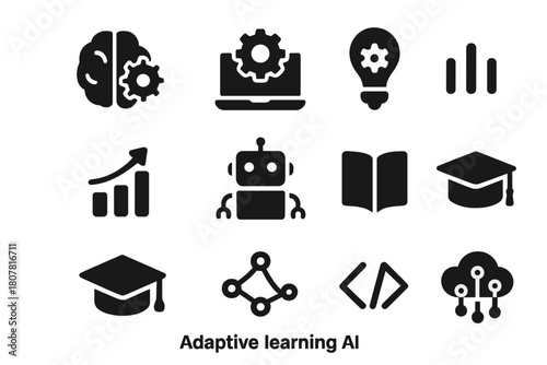 Adaptive Learning Icons. Adaptive learning AI. Solid icon set of adaptive learning AI: brain, gear, laptop, lightbulb, chart, robot, book, graduation cap,