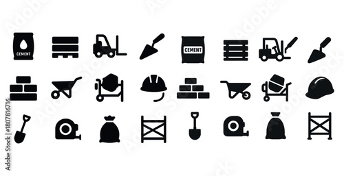 Construction tool icons collection: forklift, cement, helmet, trowel, shovel