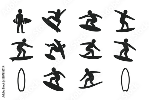 Surfer Silhouette Icons. Surfer Silhouettes. Solid icon set of Surfer Silhouettes: standing surfer, mid-air jump, crouching pose, arm stretch, balancing pose,