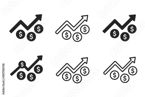 Expense Tracking Icons. Tracking monthly expenses. Icon set. Set Logo of tracking monthly expenses: line graph with trend arrow and currency dot markers.