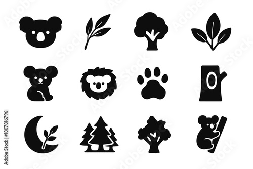 Koala Icons Set. Koala. Solid icon set of Koala: koala, eucalyptus branch, tree, leaves, baby koala, nest, paw print, tree hollow, moon, branch, forest,