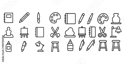 Art supplies icon set featuring tools and instruments for creative projects