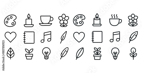 Minimalistic icon set featuring art, nature, and everyday objects
