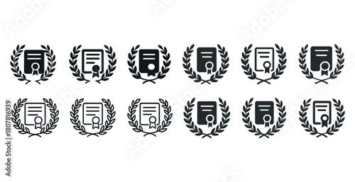 Collection of certificate icons with laurel wreaths in black and white
