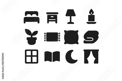 Relaxing Decor Icons. Relaxing decor. Solid icon set of Relaxing decor: bed, nightstand, lamp, candle, plant, rug, pillow, blanket, window, book, moon,