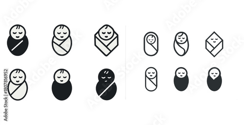Minimalist black and white baby icon set with various face expressions