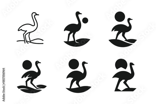 Ostrich Logo Variations. Ostriches. Icon set. Set Logo of ostriches: stylized ostrich silhouette with desert sun. harmonious logo variations of the same