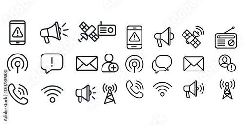 Communication icons set: mobile alerts, radios, emails, wi-fi, and satellites