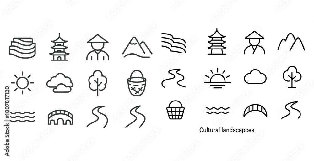 Fototapeta premium Outline collection of cultural landscapes featuring pagodas and natural elements