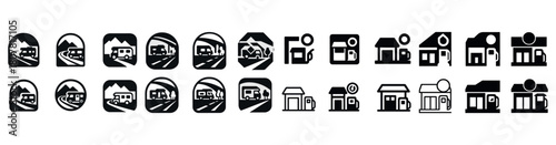 Set of vehicle and building icons: roads, houses, gas stations, cars