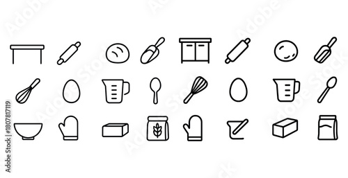 Outline icons of baking utensils including rolling pin, bowl, whisk, measuring cup, and oven mitt
