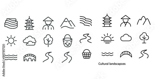 Outline collection of cultural landscapes featuring pagodas and natural elements