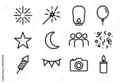 Festival Line Icons. Festival Atmosphere. Line icon set of Festival Atmosphere: tent, lantern, flag string, bonfire, food stall, people crowd, drum, guitar,