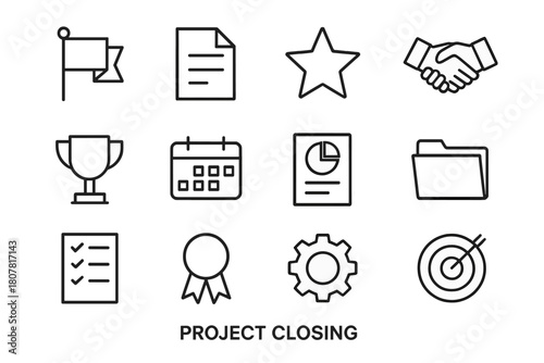 Project Closure Icons. Project closing. Line icon set of project closing: flag, document, star, handshake, trophy, calendar, report, folder, checklist, ribbon,