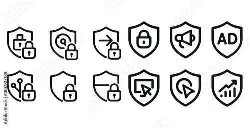 Shield icons: security, marketing, data protection, advertising growth