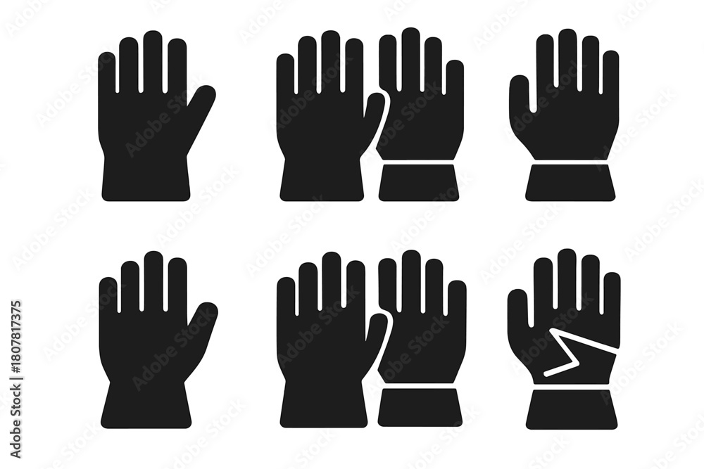 Obraz premium Work Gloves Icons. Blue-collar worker. Icon set. Set Logo of Gloves: Protective work gloves. Flat solid, Iconic shape, Minimal outline, Filled silhouette,