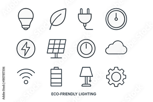 Eco Lighting Icon Set. Eco-friendly lighting. Line icon set of eco-friendly lighting: LED bulb, leaf, plug, timer, energy symbol, solar panel, dimmer, cloud,