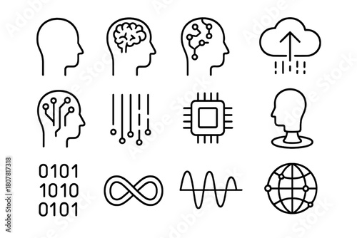 Mind-Uploading Icon Set. Mind-uploading and consciousness. Line icon set of mind-uploading and consciousness: human head silhouette, brain, neural network,