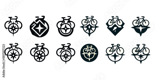 Collection of bicycle and compass icon designs with geometric shapes