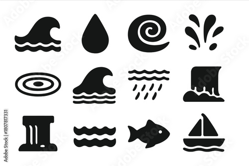 Water Movement Icons. Water movement. Solid icon set of water movement: wave, droplet, swirl, splash, ripple, tide, rain, stream, waterfall, ocean, fish, boat.