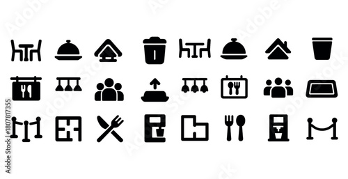 Restaurant icons collection: dining, seating, food, and drink symbols