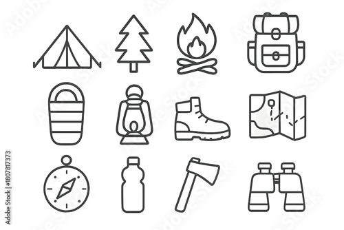 Camping Essentials Icons. Forest camping. Line icon set of Forest camping: tent, tree, campfire, backpack, sleeping bag, lantern, hiking boots, map, compass,
