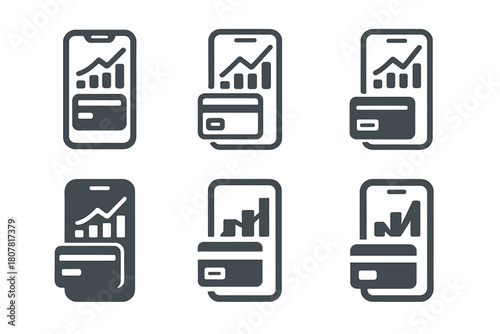 Finance App Icons. Managing finances with an app. Icon set. Set Logo of managing finances with an app: credit card and analytics chart. harmonious logo