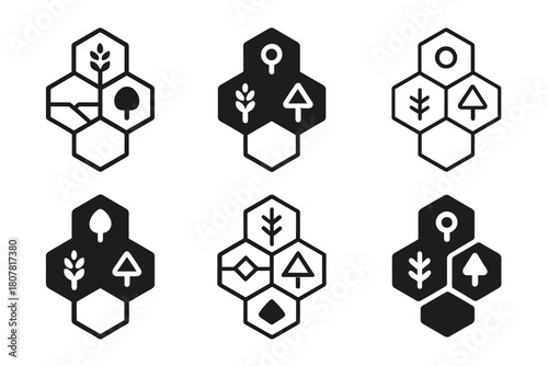 Strategic Game Icons. Engaging in a strategy game. Icon set. Set Logo of engaging in a strategy game: hex tile map with resource symbols. harmonious logo