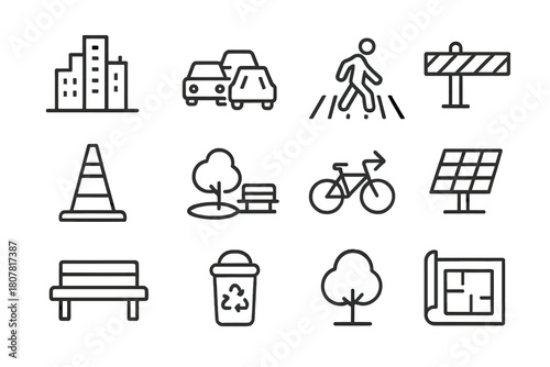 Urban Design Icons. Barriers and Solutions in Urban Design. Line icon set of Barriers and Solutions in Urban Design: city skyline, traffic jam, pedestrian