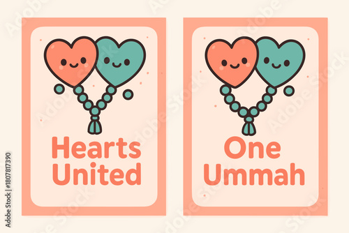 Kawaii Hearts Banners. Unity of Hearts. Two vertical A6 banners with safe margins, centered composition, no elements touching edges, kawaii, coral and teal,