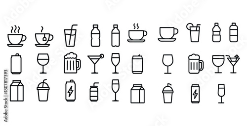 Assorted drink icons: coffee, tea, juice, wine, beer, cocktails, smoothies, water